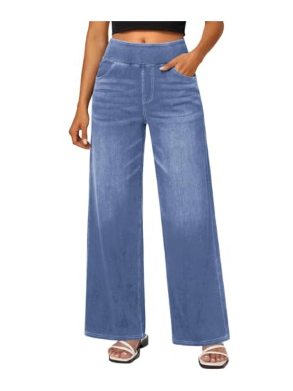 High Waisted Wide Leg Jeans Tummy Control Pull On Stretch Denim Pants with